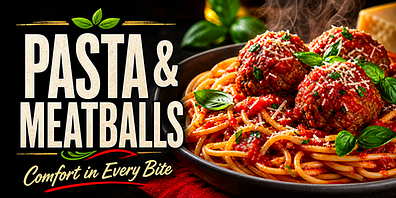 Pasta and meatballs restaurant advertisement sample generated with SignSparkAI